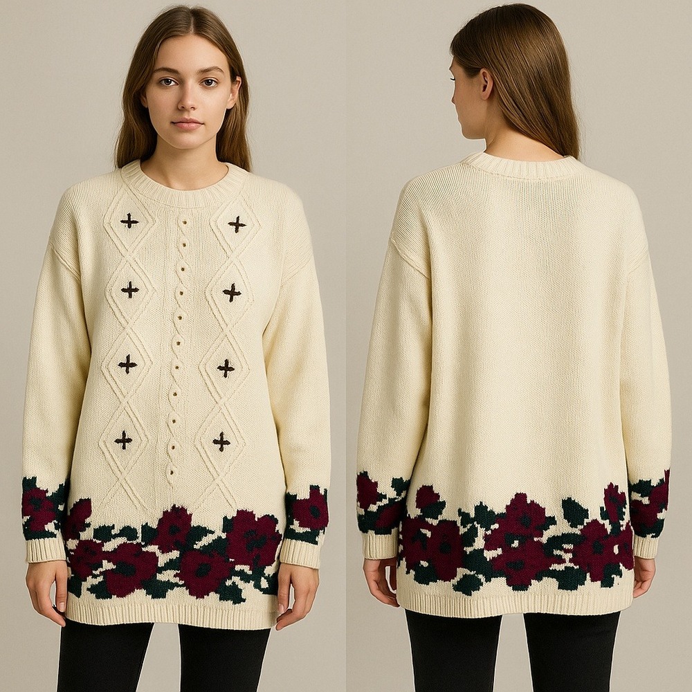 NWT NOS Vintage Northern Reflections Cream Floral Knit Holiday Sweater XL